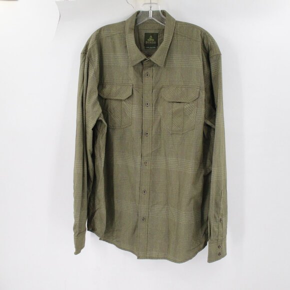 prAna Shirt Mens XL Long Sleeve Pockets Plaid Button Up Nylon Blend green hiking - Picture 1 of 12